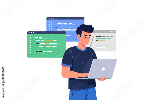 Man programmer coding on laptop with multiple software interfaces displayed on computer screens