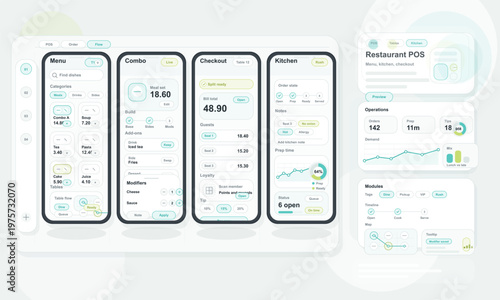 Modern restaurant POS system dashboard interface showing menu selection, combo customization, checkout, kitchen status, and operational analytics in a clean layout.