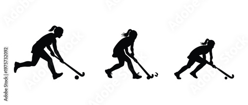 Field hockey player action set silhouette isolated on transparent background. Team sport movement collection design.