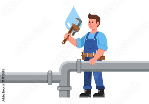 Skilled Plumber With Wrench Fixing Pipework Underneath Dripping Water Drop