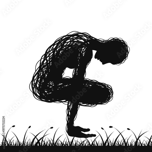 Black silhouette, squatting person, scribble art, grass background, emotive illustration