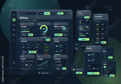 Modern dark-themed user interface dashboard for billing management, featuring plan selection, usage analytics, invoice history, payment cards, and seat allocation controls.