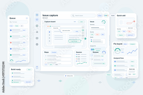 Modern user interface dashboard for issue tracking and project management, featuring boards, charts, task lists, and workflow status in a clean, minimal style.