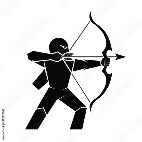 Black archer silhouette, bow and arrow icon, target shooting graphic, sports vector