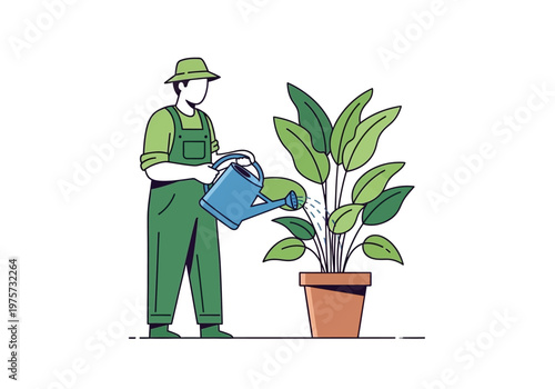 Gardener watering a large plant in a pot, illustration of someone taking care of nature