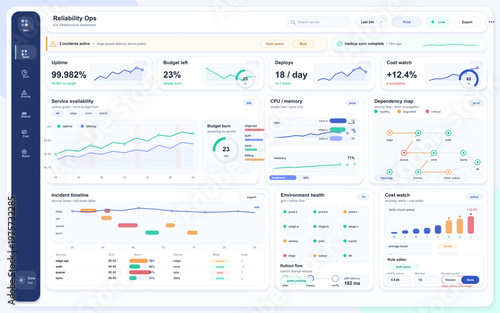 Modern infrastructure dashboard interface displaying uptime, budget, deploys, cost watch, incident timeline, service availability, and system health metrics.