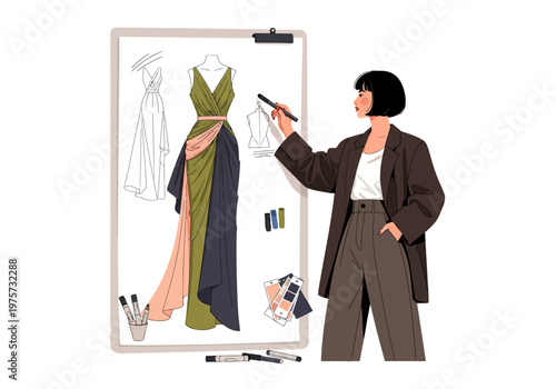 Fashion Designer Sketching an Elegant Gown with Fabric Swatches and Art Supplies