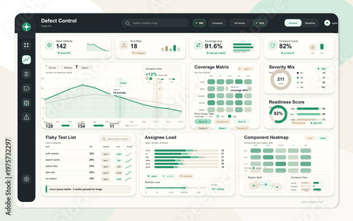 Modern dashboard interface for defect control displaying analytics such as open defects, SLA risk, coverage, severity mix, readiness score, and component heatmap.