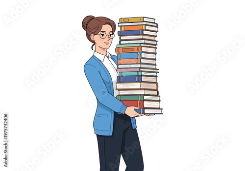 Illustration of a woman in a blue blazer carrying a large stack of books in her arms, perfect for educational or library themes