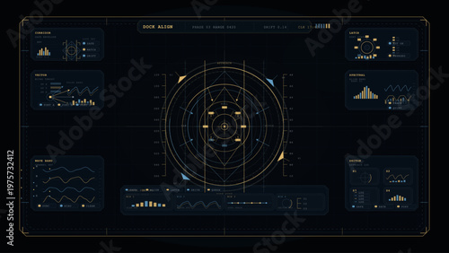 Futuristic digital dashboard interface with circular radar, graphs, data charts, and control panels in a sci-fi style on a dark background.