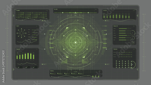 Futuristic digital dashboard interface with green HUD elements, circular radar, data charts, and control panels on a dark background, resembling a sci-fi control system.