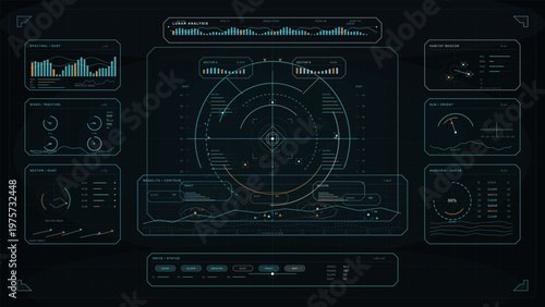 A control panel displays various graphs and metrics. The screen showcases data analysis, trending graphs, and system outputs. It represents a high-tech monitoring environment.