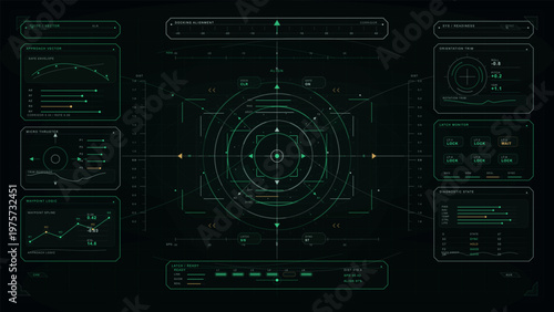 The display shows data with graphs and numbers. It includes navigation details and system metrics. Lines and circles form a grid pattern on a dark background.