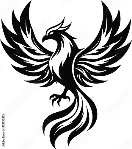 Powerful black and white phoenix bird illustration a stylized mythical creature with spread wings symbolizing rebirth strength and triumph for logo design or branding
