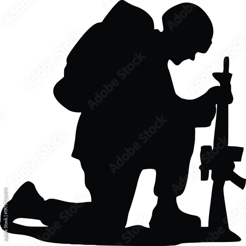 Black silhouette of a kneeling soldier holding a rifle a solemn tribute for remembrance and military honor isolated on white background