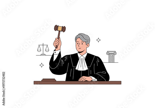 Judge in Black Robe Holding a Gavel, Justice Symbol in Background