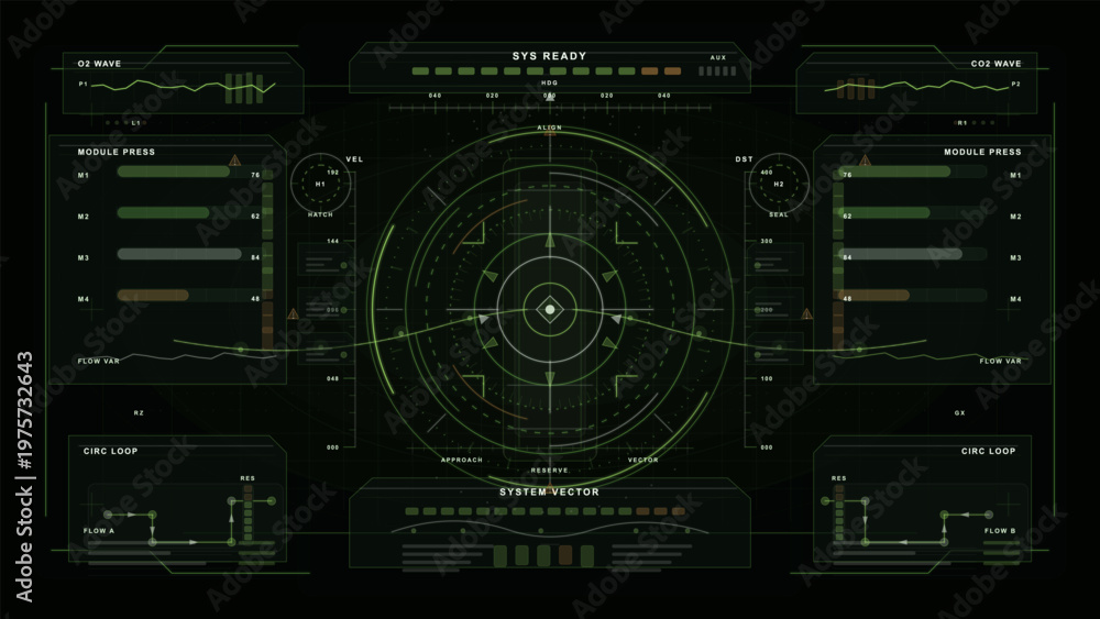 Obraz premium A digital control panel shows data and graphs. Various modules display information such as wave patterns and system status. Bright colors highlight active components on the screen.