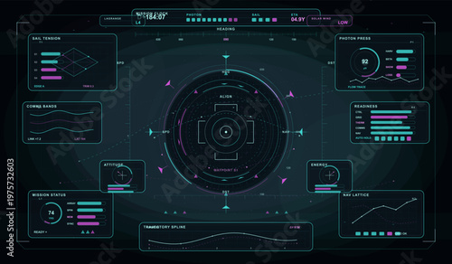 Futuristic spaceship control panel interface with digital gauges, graphs, and navigation elements in neon blue and purple colors on a dark background.