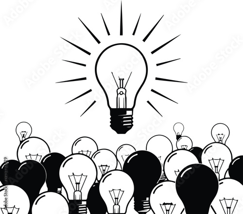 A single glowing light bulb rising above a crowd of other light bulbs symbolizing a bright idea