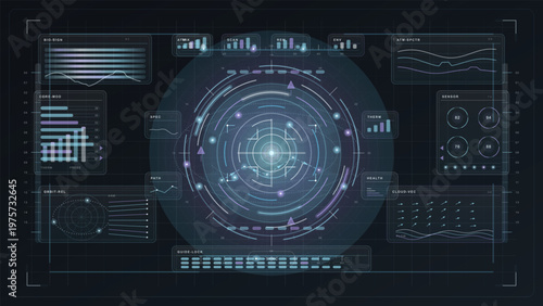 Futuristic digital dashboard interface with circular radar, data charts, graphs, and glowing HUD elements on a dark background, evoking advanced technology and sci-fi themes.