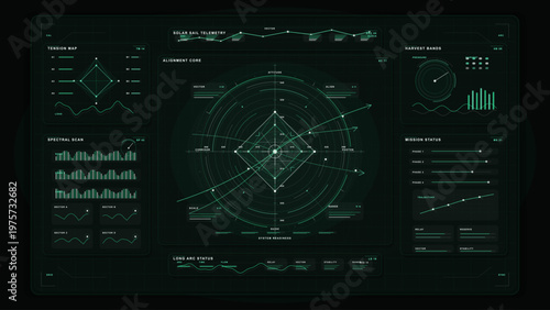 The display shows data for a space mission. It includes graphs, maps, and status readings. The colors are dark with green lines and numbers. This setup is used to track an ongoing mission.
