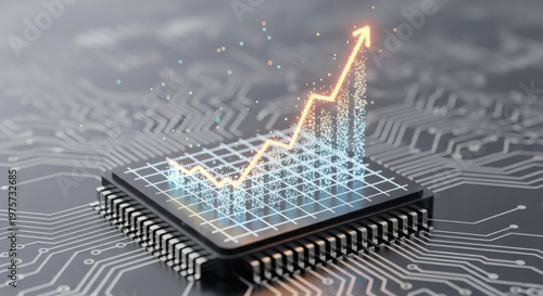 Digital circuit board with a glowing bar chart showing upward growth and trend on top representing technological advancement and financial success