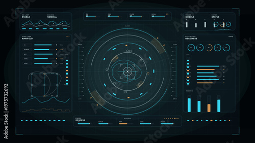 Futuristic digital dashboard interface with circular radar, data charts, and control panels in blue and orange tones, resembling a sci-fi control system or HUD.