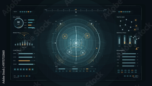 Futuristic digital dashboard interface with circular radar, data graphs, and system status indicators in a high-tech, sci-fi style on a dark background.