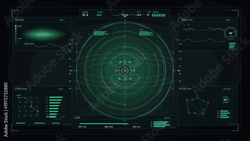 A radar system used for tracking signals and objects. Various indicators are visible. The screen has a dark background and uses green lines for data presentation.