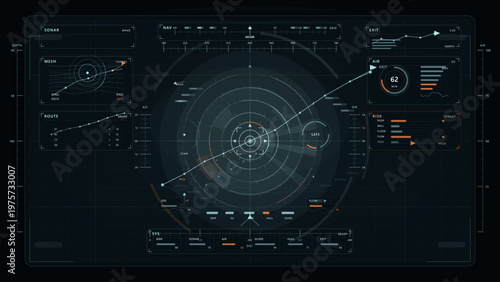 Futuristic digital dashboard interface with radar, navigation, sonar, and risk analysis data visualizations in a high-tech, sci-fi style on a dark background.