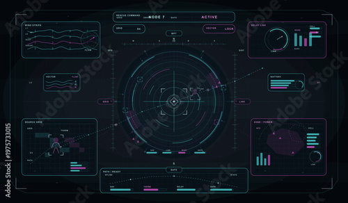 Futuristic digital dashboard interface with circular radar, data charts, and control panels in neon blue and purple, resembling a sci-fi command center display.