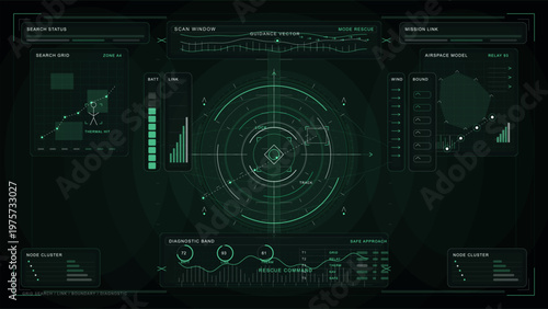 Futuristic digital interface with radar, data graphs, and diagnostic panels in green tones, simulating a high-tech search and rescue control system display.
