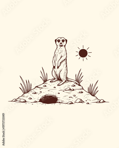Hand-drawn Vintage Meerkat Illustration Standing on Burrow Mound