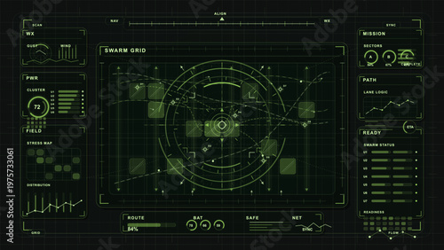Futuristic green digital interface displaying a swarm grid, mission status, power levels, and various data charts on a dark background.