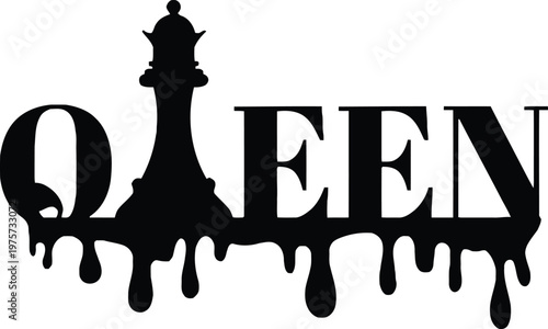 Bold black silhouette of the word QUEEN with a chess piece replacing U and a dripping paint effect perfect for graphic design apparel and branding