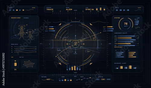 The screen shows different graphs and data points. It includes wind data, component health, and alerts. Information is organized in sections with numbers, lines, and indicators.