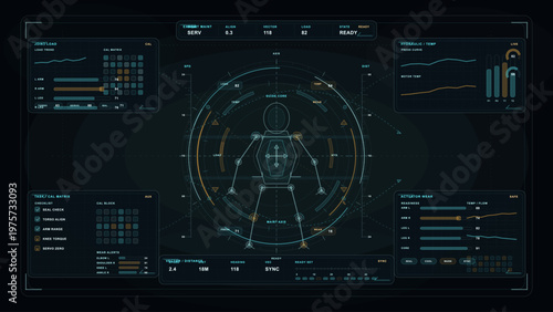 Futuristic digital dashboard interface displaying exosuit diagnostics, joint load, actuator wear, hydraulic temperature, and system readiness with data visualizations.