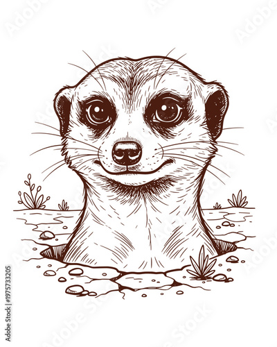 Hand-drawn meerkat popping out of a hole engraving style illustration
