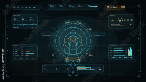 The control panel shows various data and metrics. There are graphs, numbers, and readings displayed on a dark background. This setup is typically used in tech or scientific areas.