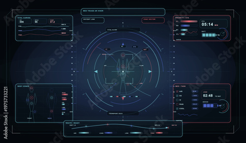 Futuristic medical interface dashboard displaying patient vital signs, body zones, task management, and evacuation data with digital graphs and diagrams.