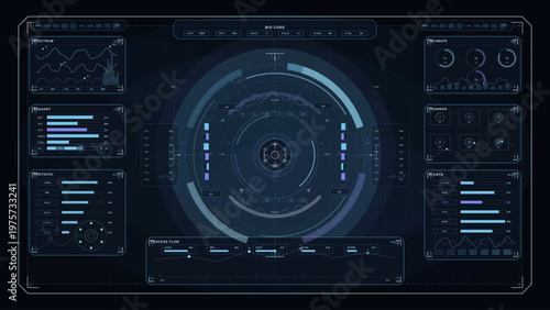 Futuristic digital dashboard interface with circular central display, data charts, bar graphs, and control panels in a high-tech blue color scheme.