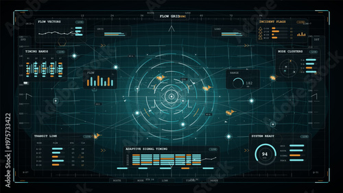 Futuristic digital dashboard interface with circular radar, data charts, graphs, and network nodes displayed on a dark grid background in blue and orange tones.