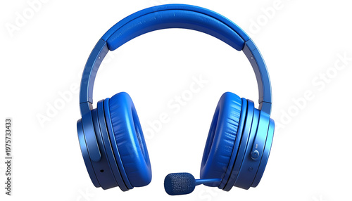 Overhead headphones, blue hue, with a built-in microphone, isolated against a black backdrop