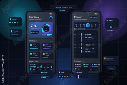 Dark mode productivity UI kit featuring dashboard and planner screens on mobile devices, with habit tracking, progress cards, calendar timeline, and smart task widgets.