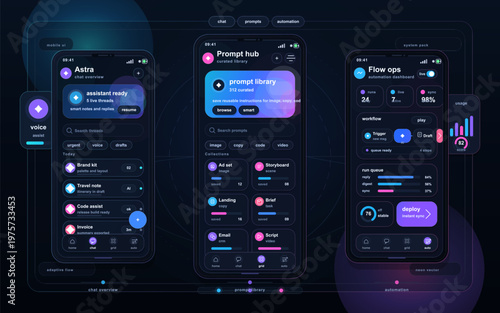 This shows a mobile app interface with sections for voice commands, prompt library, and workflow tools. Users can view and manage tasks easily on their devices.