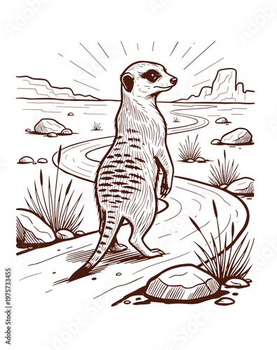 Hand Drawn Meerkat in Desert Landscape Line Art Illustration