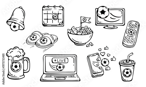 Online football streaming icon set for home match watching. Fans enjoy a live match broadcast at home on a laptop screen while relaxing with snacks and cold drinks during