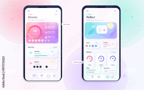 Two smartphone screens display a modern habit tracking and reflection app interface with colorful gradients, progress charts, and daily wellness metrics.