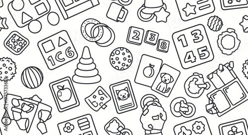 Black and white baby toys illustrations.
