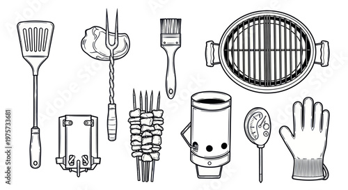 Grill cooking utensils and accessories set.